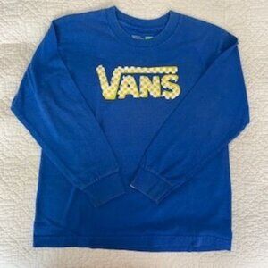 Vans Blue Long Sleeve T shirt Boys size L Skater Grunge yellow check logo